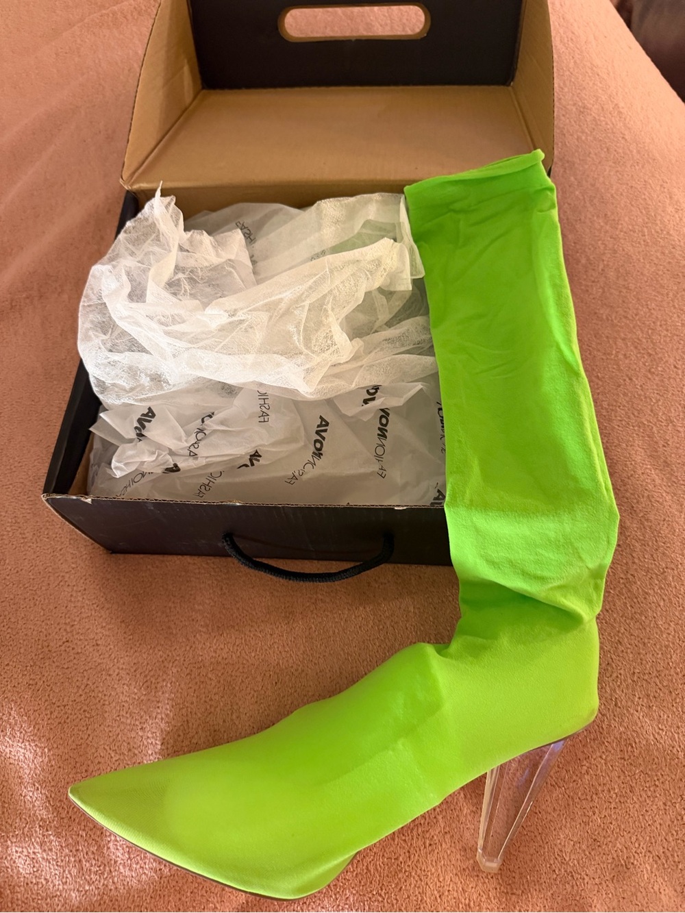 Fashion Nova Neon Green Pointed Sock Boot with Clear Heel